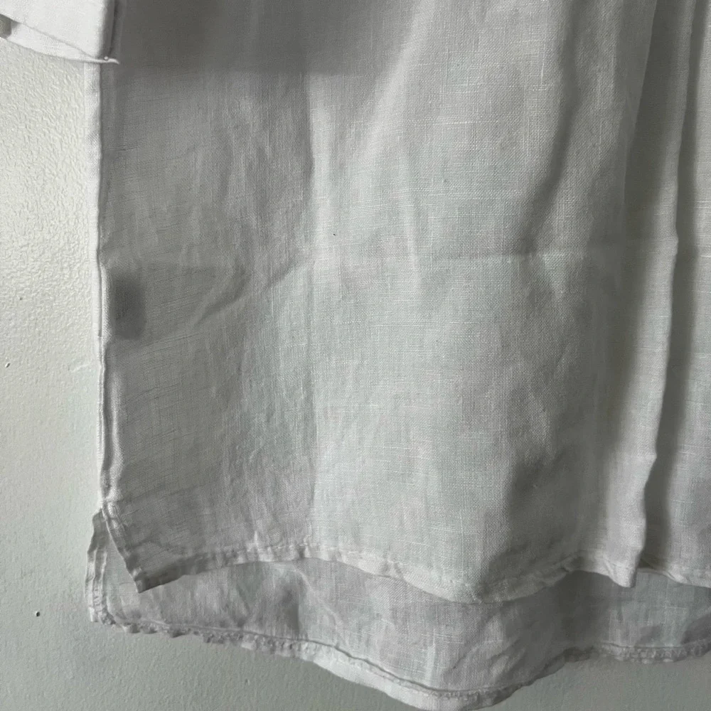 White Linen 3/4 Sleeve Boxy Blouse with Mandarin Collar - Picture 5 of 12